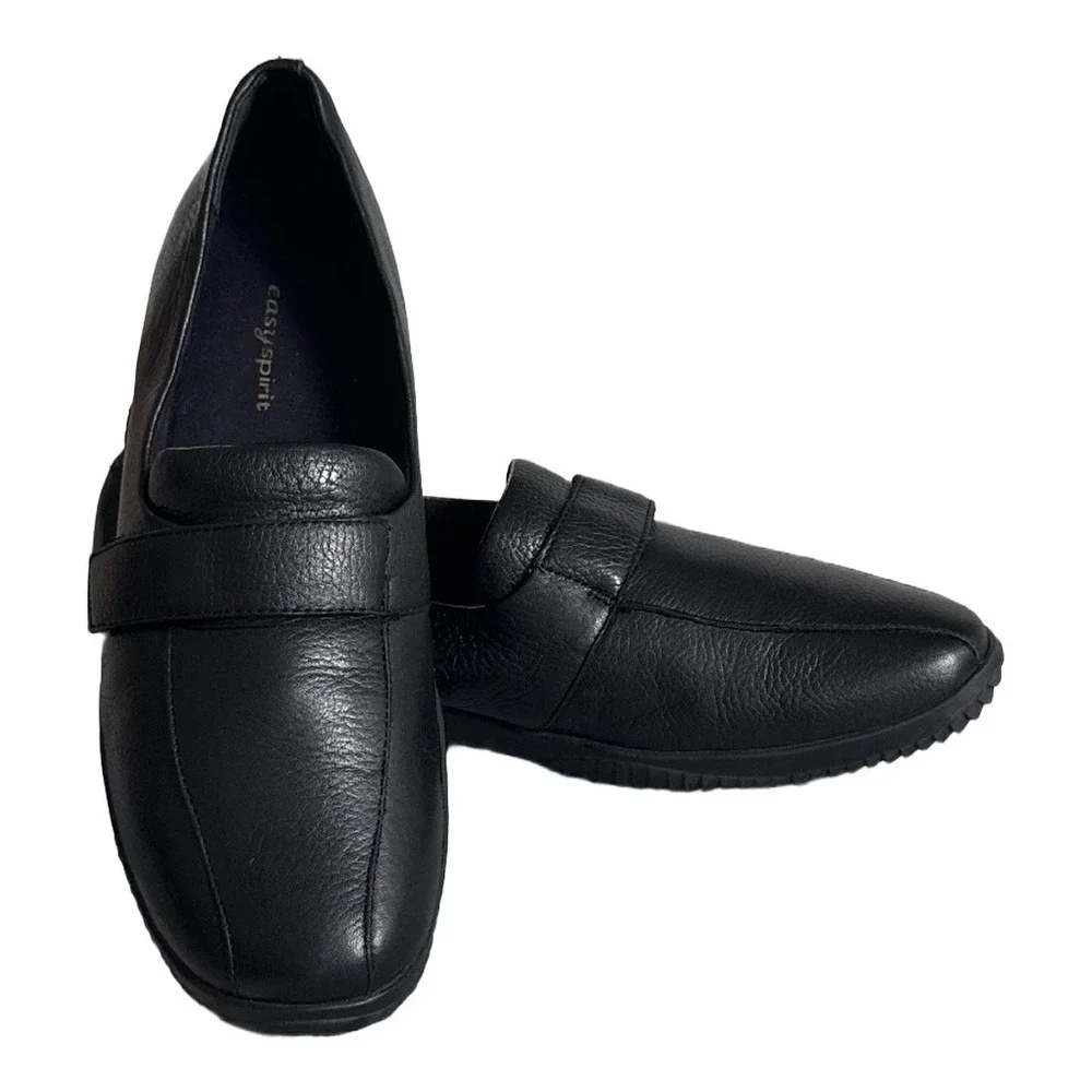 Easy Spirit Musthaves Black Leather Loafers Hook and Loop Strap Shoes Womens 11